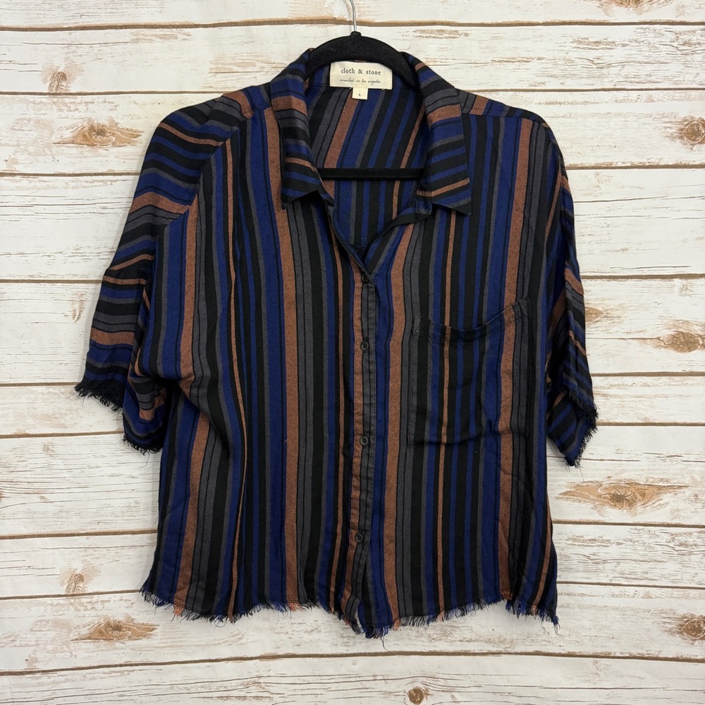 Cloth & Stone Striped Fringe Boxy Button Front Short Sleeve Blouse